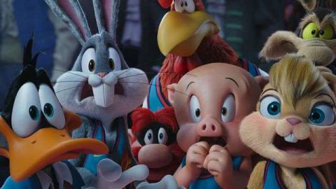Bugs Bunny, Daffy Duck, and other toon characters of Space Jam: A New Legacy look horrified in a crowded reaction shot