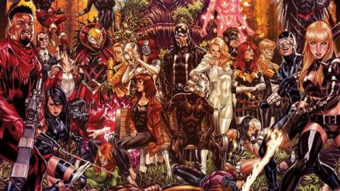 The cast of the X-Men comics gather in large numbers in promotional art for the Inferno event. 