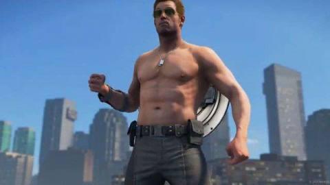 Marvel’s Avengers - Captain America poses without a shirt on, showing off his abs.