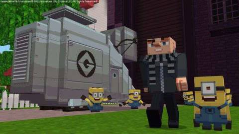 voxel versions of minions standing next to Gru in Minecraft