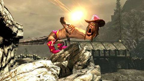 A dragon with the head of and pimp hat worn by Macho Man Randy Savage crouches over a Nord longhouse and lets loose a powerful shout