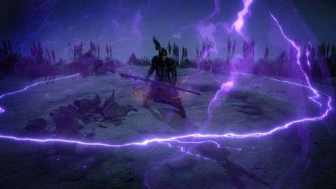 A character in Path of Exile uses a powerful tempest ability