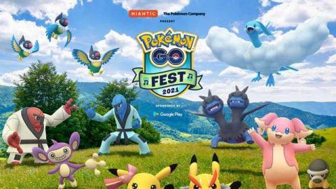 Artwork for Pokémon Go Fest 2021, featuring Pikachu Rock Star, Pikachu Pop Star, Audino, Throh, Sawk, Chatot, and more.
