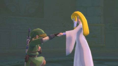 Link bows before Zelda in a screenshot from The Legend of Zelda: Skyward Sword HD