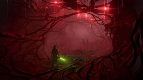 Star Wars: The Old Republic - a Jedi, holding a green light saber, stands in a creepy red tunnel environment lit with ominous lights