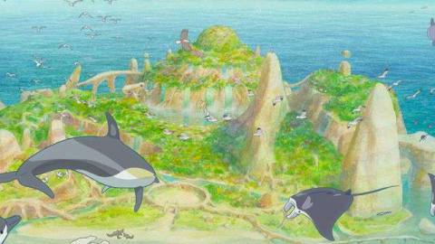 Whales and stingrays swim through the air alongside turtles and seagulls above a mysterious island in Tomorrow’s Leaves