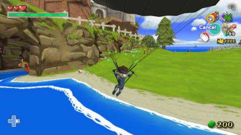 an image of Link from Wind Waker parachuting down in a Solid Snake’s outfit