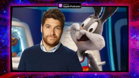 Graphic featuring a photo of Adam Pally and Bugs Bunny