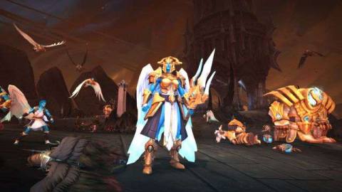 World of Warcraft: Shadowlands - A Kyrian, in gold and white armor, battles through the death-themed armies of the Maw