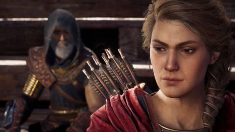 Assassin’s Creed Odyssey - Kassandra with a hooded figure behind her