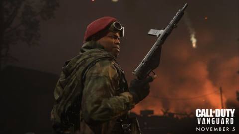 One of the characters from Call of Duty: Vanguard holding a gun