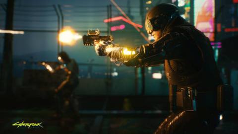 A member of Max Tactical response takes aim and fires in Cyberpunk 2077.