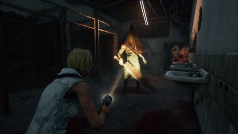Cheryl Mason shines a flashlight on Pyramid Head in a screenshot from Dead by Daylight