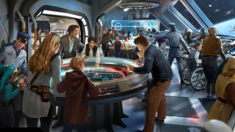 a mock up of the bridge of Disney’s galactic starcruiser, a sci-fi area full of guests