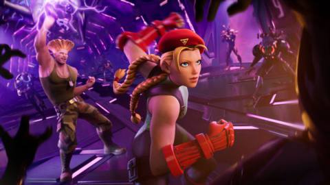 Cammy and Guile from Street Fighter teaming up in a Fortnite loading screen