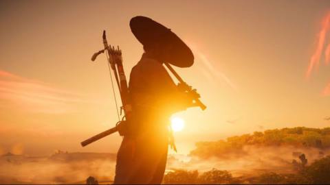 Jin Saito practices his flute at sunrise in Ghost of Tsushima