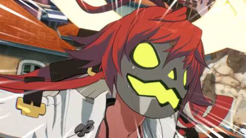 A close-up of Jack-O’ Valentine’s masked face from her Guilty Gear Strive DLC trailer