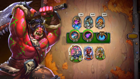 Hearthstone - an orc Mercenary swings his axe over a screen of card-based gameplay 
