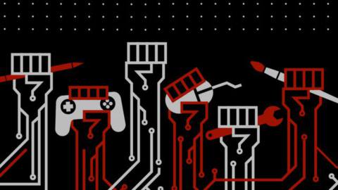 A stylize graphic of six fists raised in solidarity. One holds a pencil, another a mouse, still another a video game controller.