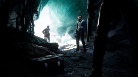 Dread Hunger - three people stand in an ice cave, one of whom is armed with a simple club