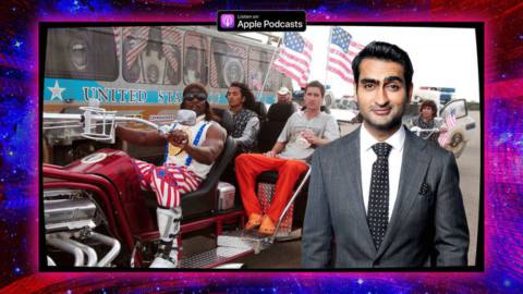 Graphic featuring a photo of Kumail Nanjiani and a still from the film “Idiocracy”
