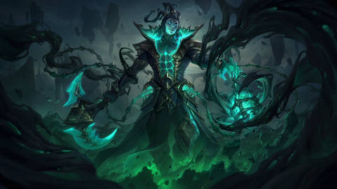 League of Legends - Unbound Thresh, an image released on League of Legends social media, which shows the revenant Thresh as a sexy glowing ghost man with abs