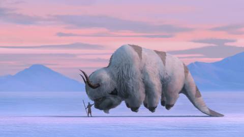 Aang and Appa hover above the ice in concept art from netflix’s avatar the last Airbender series