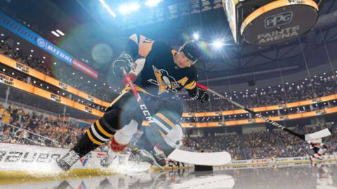 Evgeni Malkin of the Pittsburgh Penguins protects the puck against a member of the Florida Panthers in NHL 22