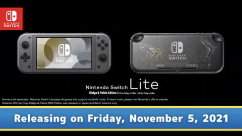 a graphic of a black Nintendo Switch lite with gold and silver decals of the Pokemon Palkia and Dialga on the back 