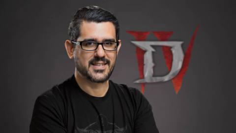 A photo of former Diablo 4 game director Luis Barriga in front of the game’s logo
