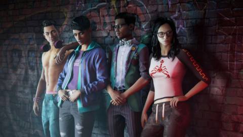 Four young adults leaning against a wall; these are the new Third Street Saints in the rebooted Saints Row.