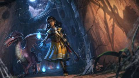 A purple dragon trails behind a young Black woman in the world of Pathfinder 2e.