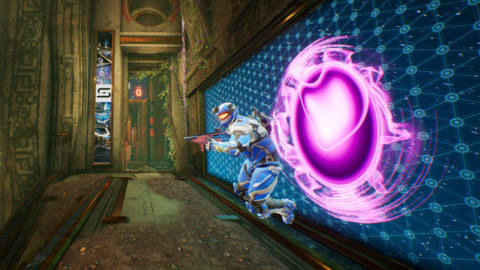 A Splitgate player emerging from a portal