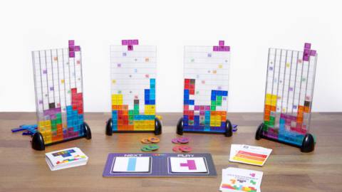 All four vertical play board included with Tetris, a new strategy board game.