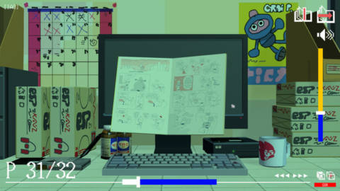 A comic book held in front of a computer desk/cubical office scene