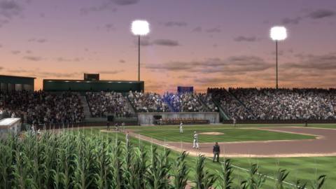 The view from right field foul territory, overlooking corn, at the Field of Dreams in MLB The Show 21