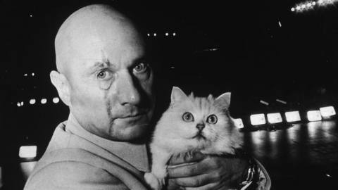 Donald Pleasence as Ernst Stavro Blofeld, holding a white cat, on the set of the James Bond film You Only Live Twice