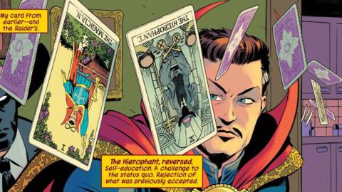 Doctor Strange and the Masked Raider look at a flurry of tarot cards that hang suspended in the air through Strange’s apartment in Defenders #1 (2021).