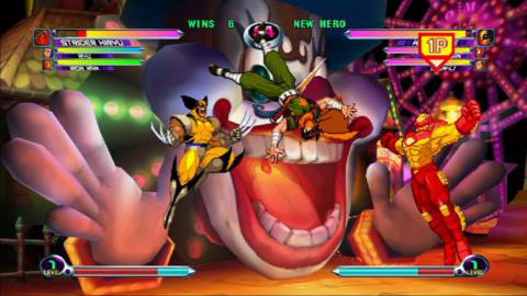 Screenshot of the Marvel vs Capcom 2 fighting game with Wolverine jumping