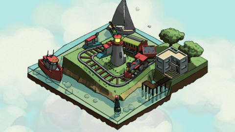 an image of an isometric of a cartoon train track looping around a lighthouse 