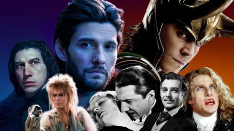 A visual collage of sexy villains that have caused controversy, including Kylo Ren from the Star Wars sequel trilogy, Jareth from Labyrinth, Tom Cruise as Lestat, Clark Cable as Rhett Butler, Tom Hiddleston as Loki, Bela Legosi as Dracula, and Ben Barnes as General Kirigin in Shadow and Bone
