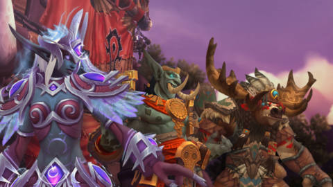 World of Warcraft - a Nightborne elf stands next to a Highmountain Tauren and Zandalari Troll 