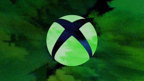 white Xbox logo floats over glitchy green “clouds”