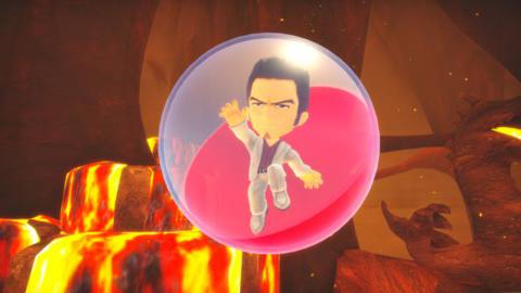 a tiny Kazuma Kiryu inside a transparent ball in super monkey ball banana mania. there is a fiery lava background
