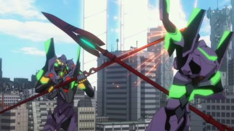 Evangelion Unit 13 and Evangelion Unit 01 dueling with spears
