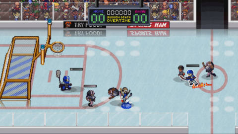 Six athletes from different sports on an ice hockey surface, facing a goal that is a combination of a soccer goal, basketball goal, and football goalposts.