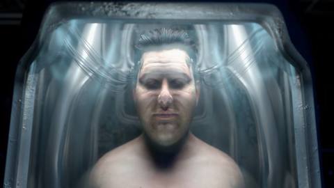 A realistic CG image of a shirtless man, seen from the shoulders up, in some sort of blue and white cradle, with translucent tubing attached to his head