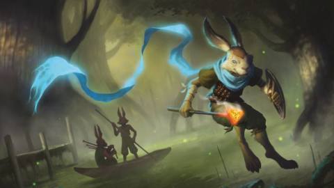 Fantasy illustration of a rabbit holding a flaming brand and shield