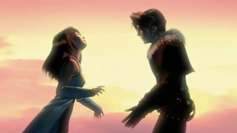Final Fantasy 8 Remastered - Squall and Rinoa approach each other against a sunset for an embrace.