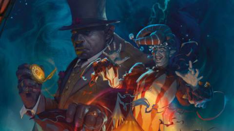 An orc in a top hat with a pocket watch stands next to a clown.
